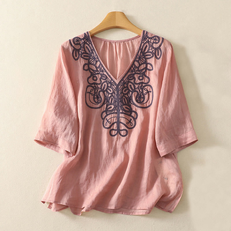 Buddha Stones刺繍入りVネックカジュアルレディースコットンリネン半袖Tシャツ - ライトコーラル - US14、 UK/AU18、 EU46 (2XL) - image 12