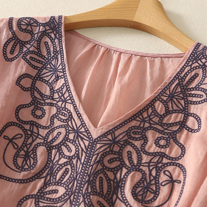 Buddha Stones刺繍入りVネックカジュアルレディースコットンリネン半袖Tシャツ - image 14