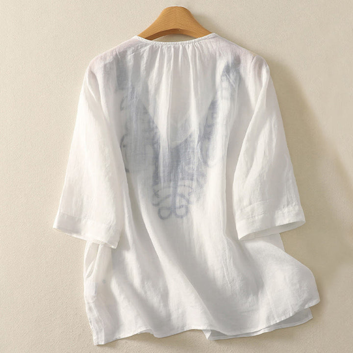 Buddha Stones刺繍入りVネックカジュアルレディースコットンリネン半袖Tシャツ - image 20