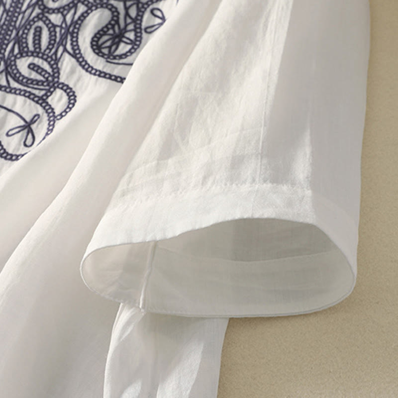 Buddha Stones刺繍入りVネックカジュアルレディースコットンリネン半袖Tシャツ - image 25