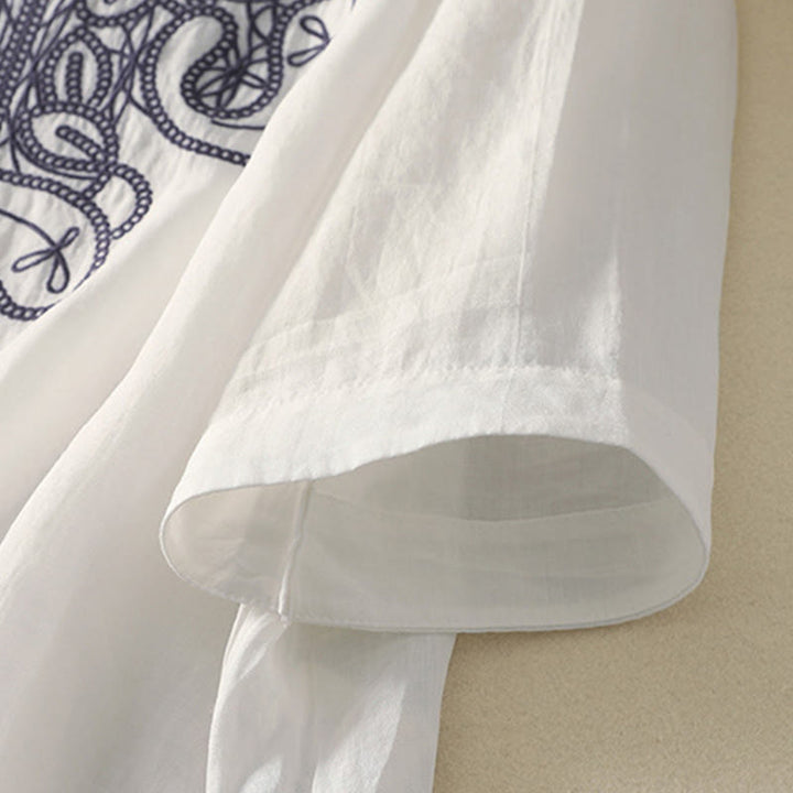 Buddha Stones刺繍入りVネックカジュアルレディースコットンリネン半袖Tシャツ - image 25
