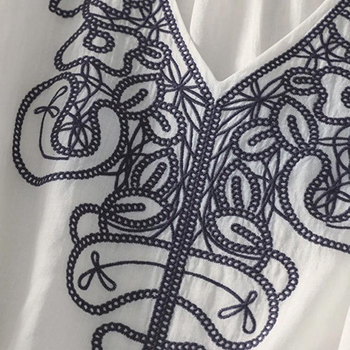 Buddha Stones刺繍入りVネックカジュアルレディースコットンリネン半袖Tシャツ - image 28
