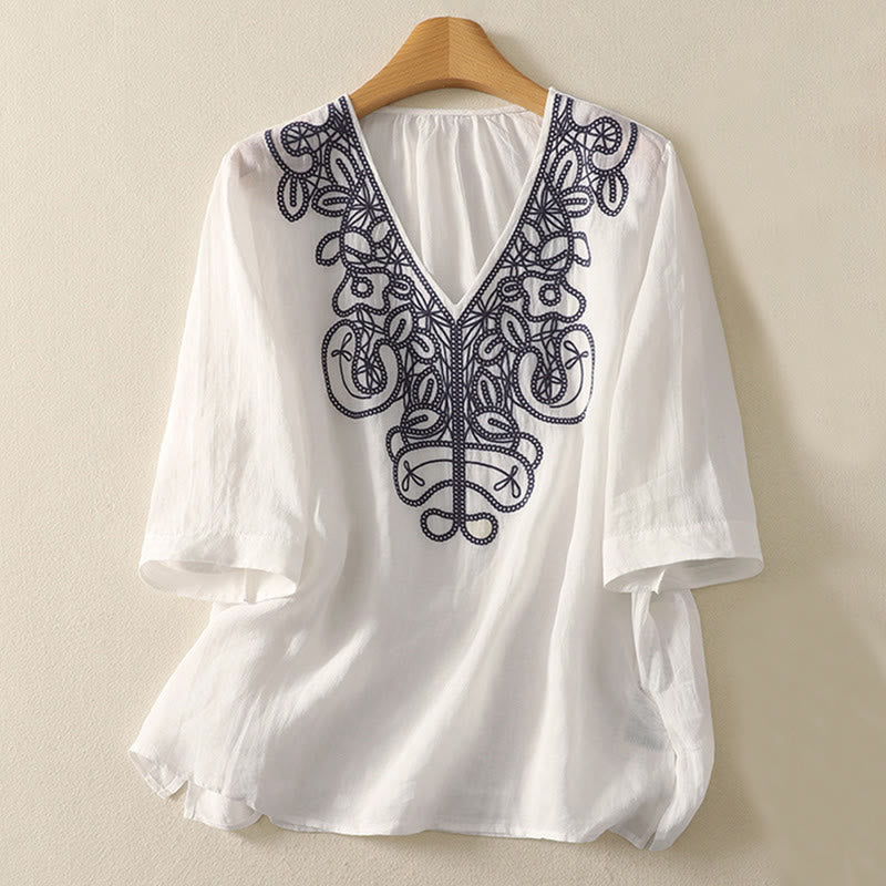 Buddha Stones刺繍入りVネックカジュアルレディースコットンリネン半袖Tシャツ - 白 - US14、 UK/AU18、 EU46 (2XL) - image 19