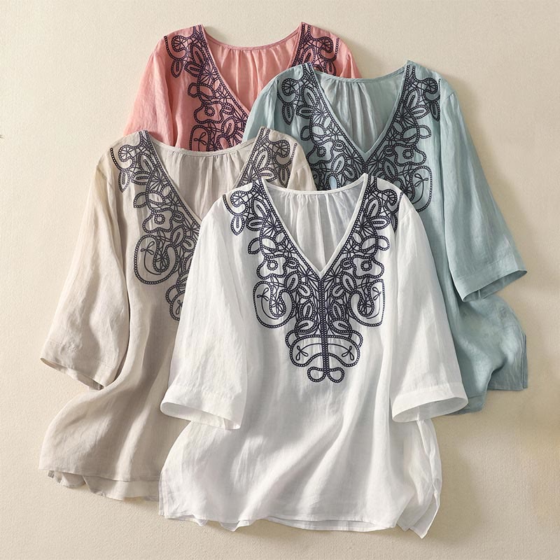 Buddha Stones刺繍入りVネックカジュアルレディースコットンリネン半袖Tシャツ - image 29