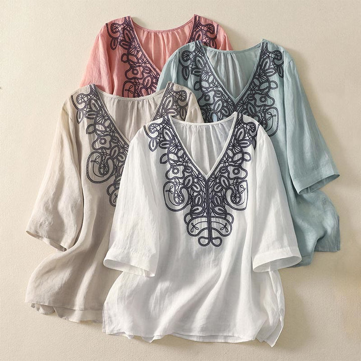 Buddha Stones刺繍入りVネックカジュアルレディースコットンリネン半袖Tシャツ - image 29