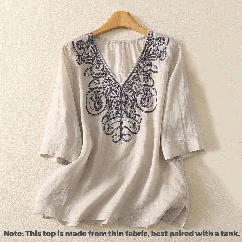 Buddha Stones刺繍入りVネックカジュアルレディースコットンリネン半袖Tシャツ - image 1