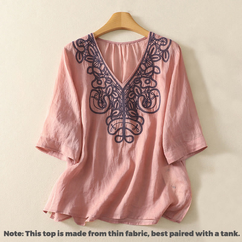 Buddha Stones刺繍入りVネックカジュアルレディースコットンリネン半袖Tシャツ - image 13