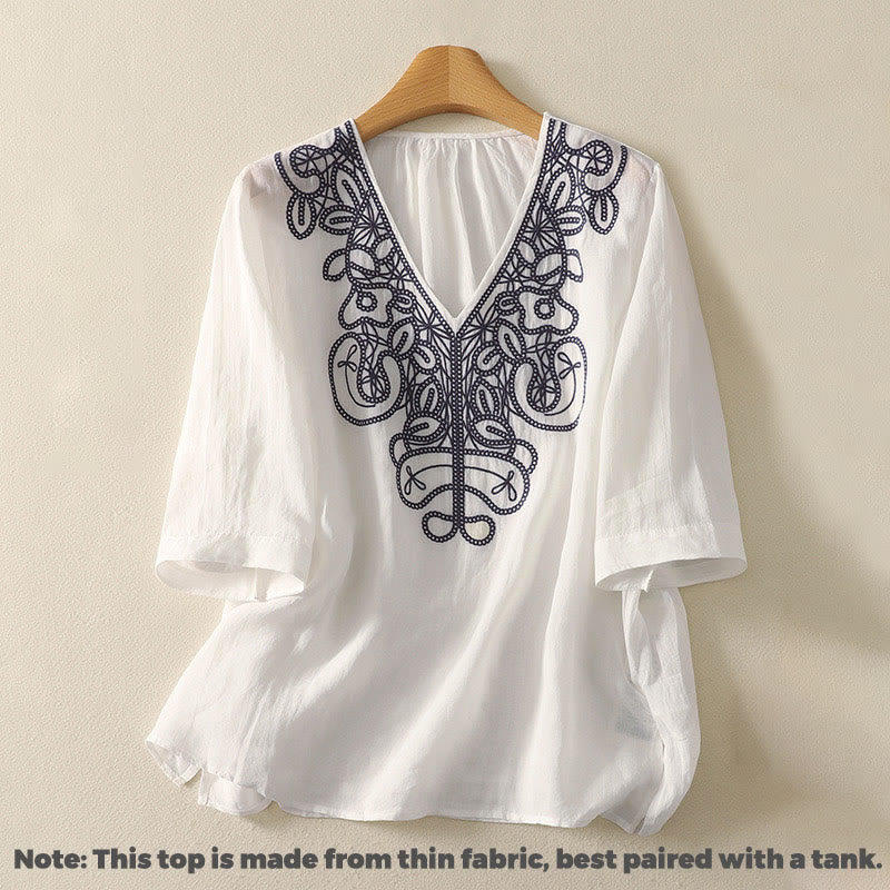 Buddha Stones刺繍入りVネックカジュアルレディースコットンリネン半袖Tシャツ - image 20