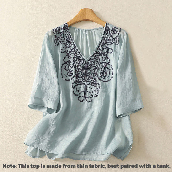 Buddha Stones刺繍入りVネックカジュアルレディースコットンリネン半袖Tシャツ - image 8
