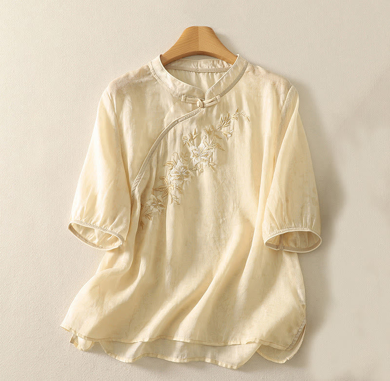 Buddha Stones刺繍カエルボタンマンダリンカラーコットンレディース半袖シャツ - レモンシフォン - US14、 UK/AU18、 EU46 (2XL) - image 1