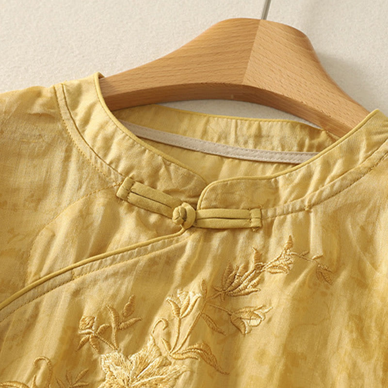 Buddha Stones刺繍カエルボタンマンダリンカラーコットンレディース半袖シャツ - image 9