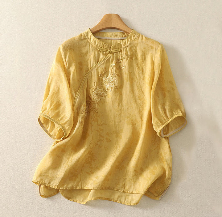 Buddha Stones刺繍カエルボタンマンダリンカラーコットンレディース半袖シャツ - 金 - US14、 UK/AU18、 EU46 (2XL) - image 7