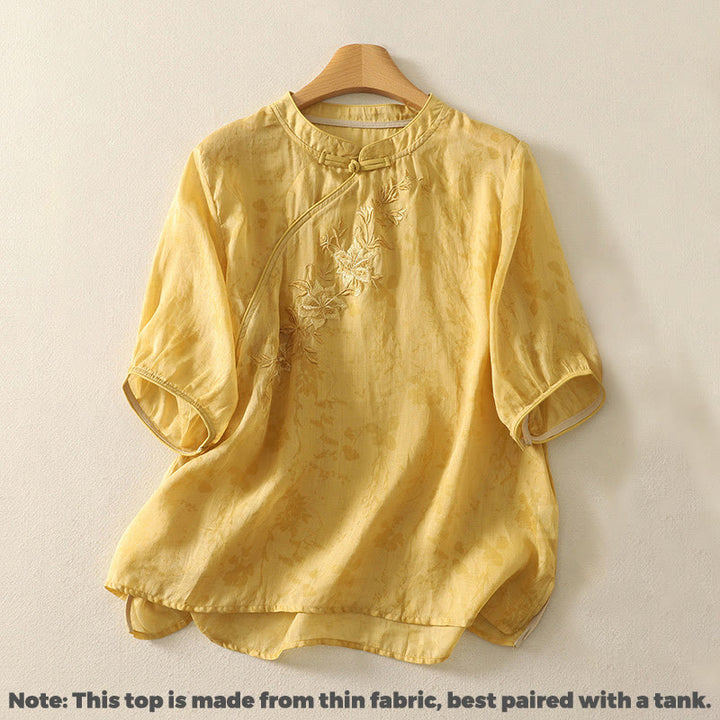 Buddha Stones刺繍カエルボタンマンダリンカラーコットンレディース半袖シャツ - image 8