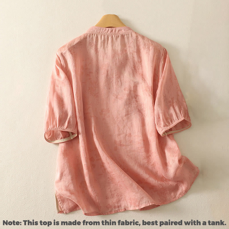 Buddha Stones刺繍カエルボタンマンダリンカラーコットンレディース半袖シャツ - image 15