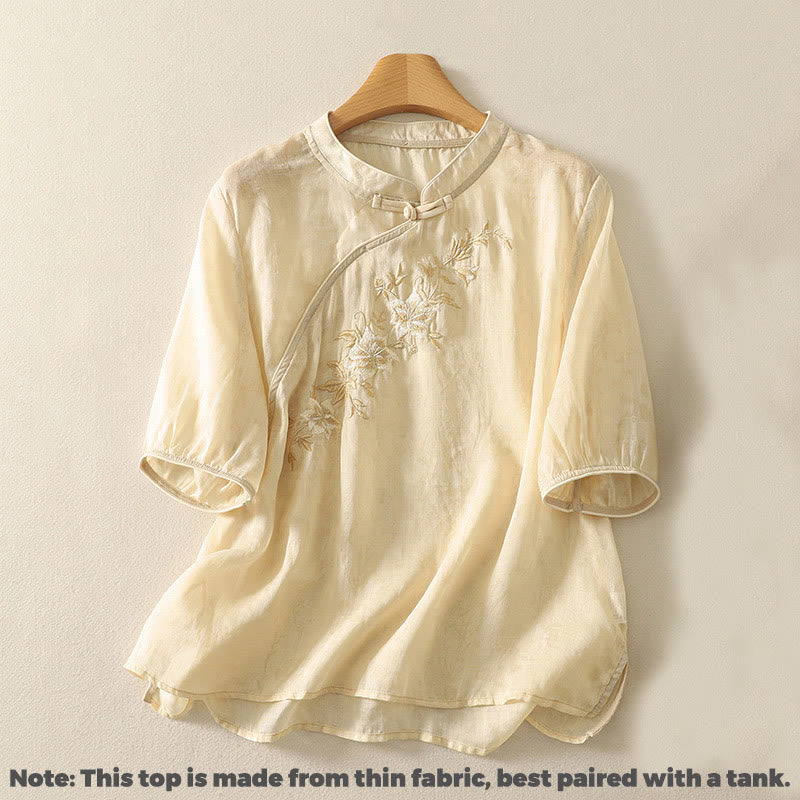 Buddha Stones刺繍カエルボタンマンダリンカラーコットンレディース半袖シャツ - image 2