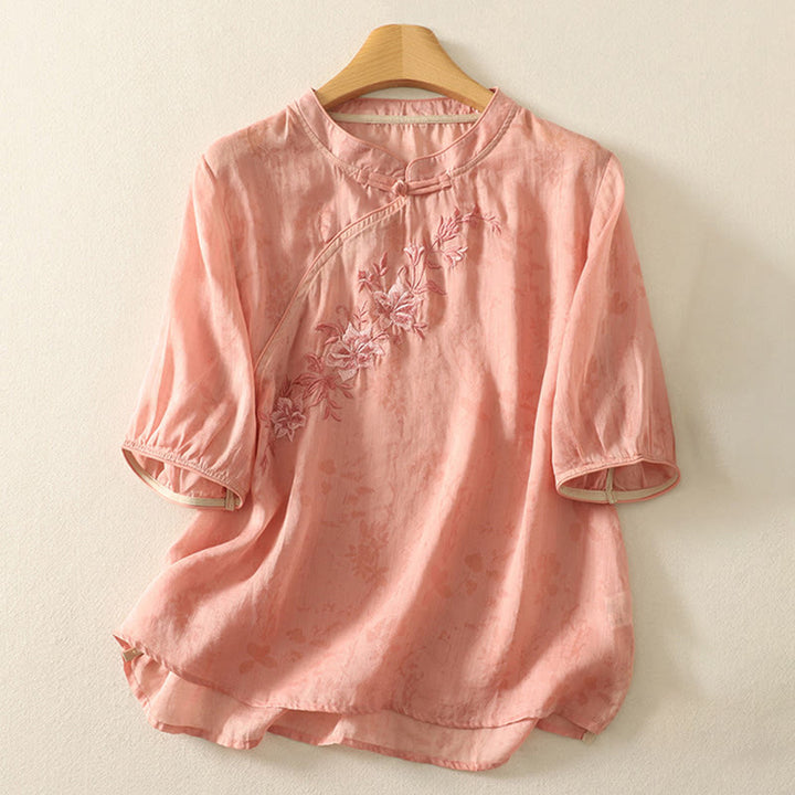Buddha Stones刺繍カエルボタンマンダリンカラーコットンレディース半袖シャツ - image 14