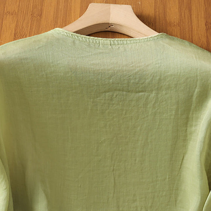 Buddha Stones刺繍花コットンレディースVネックシャツ - image 11