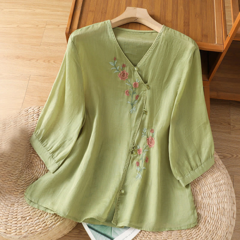 Buddha Stones刺繍花コットンレディースVネックシャツ - 黄緑 - US12、 UK/AU16、 EU44 (2XL) - image 7