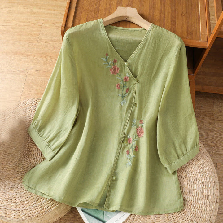 Buddha Stones刺繍花コットンレディースVネックシャツ - 黄緑 - US12、 UK/AU16、 EU44 (2XL) - image 7