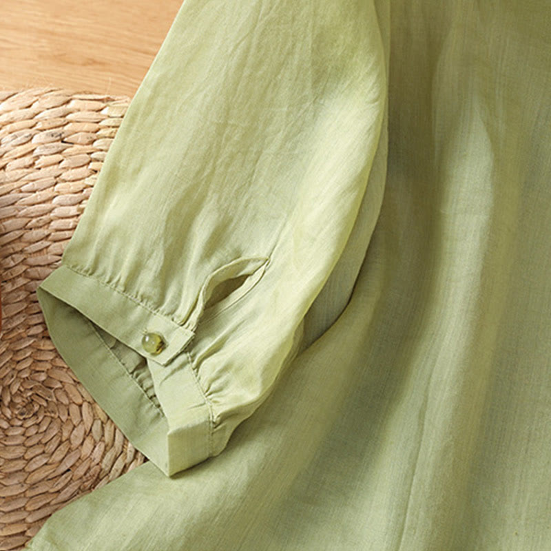 Buddha Stones刺繍花コットンレディースVネックシャツ - image 11