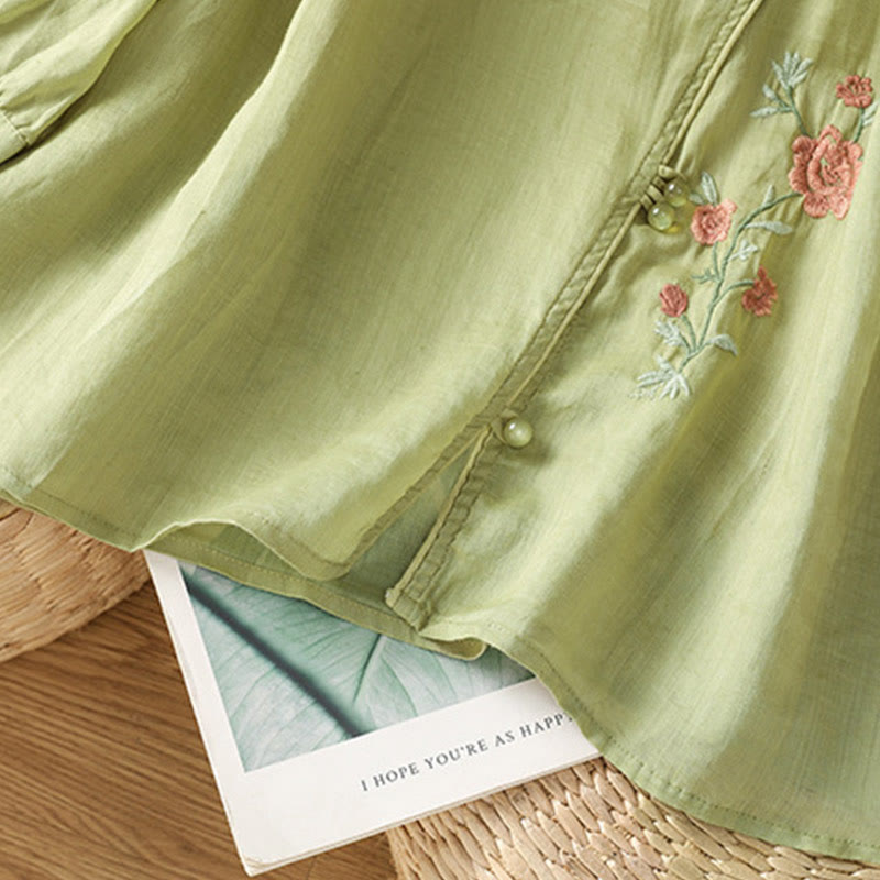 Buddha Stones刺繍花コットンレディースVネックシャツ - image 12