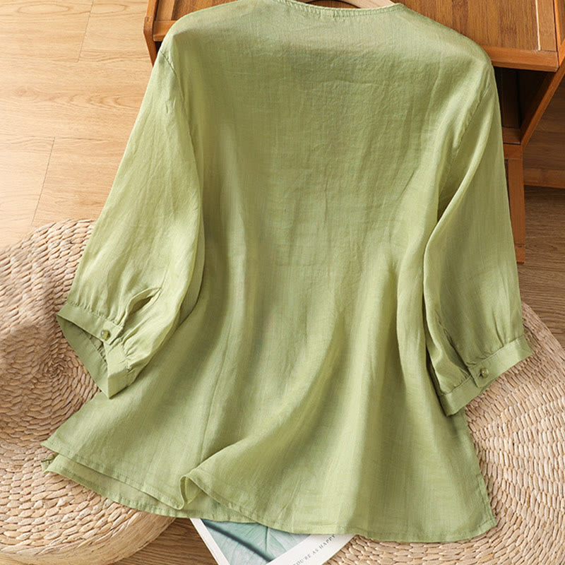 Buddha Stones刺繍花コットンレディースVネックシャツ - image 9