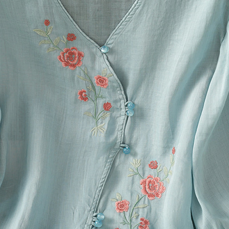 Buddha Stones刺繍花コットンレディースVネックシャツ - image 5