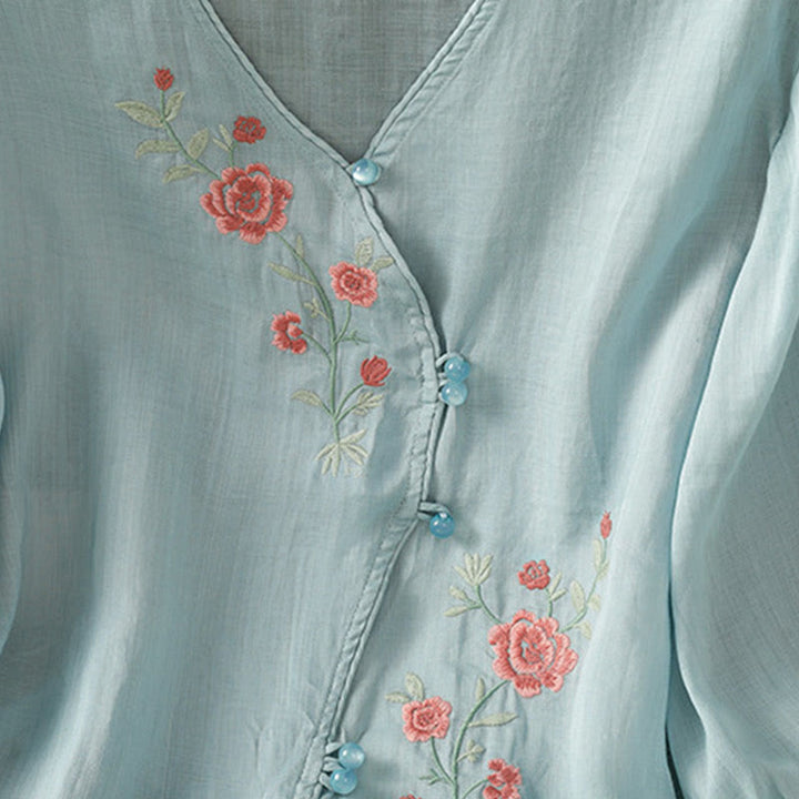 Buddha Stones刺繍花コットンレディースVネックシャツ - image 5