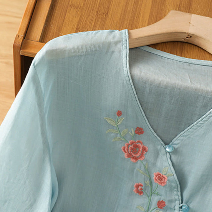 Buddha Stones刺繍花コットンレディースVネックシャツ - image 7
