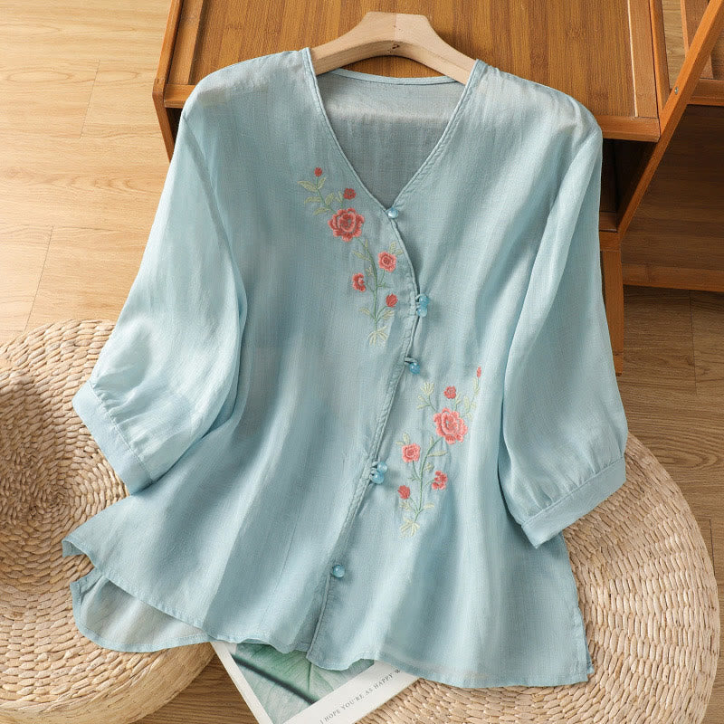 Buddha Stones刺繍花コットンレディースVネックシャツ - ライトスカイブルー - US12、 UK/AU16、 EU44 (2XL) - image 3