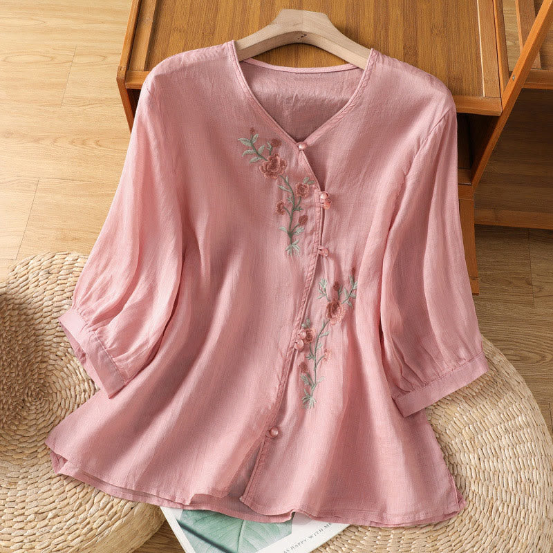 Buddha Stones刺繍花コットンレディースVネックシャツ - ライトピンク - US12、 UK/AU16、 EU44 (2XL) - image 13