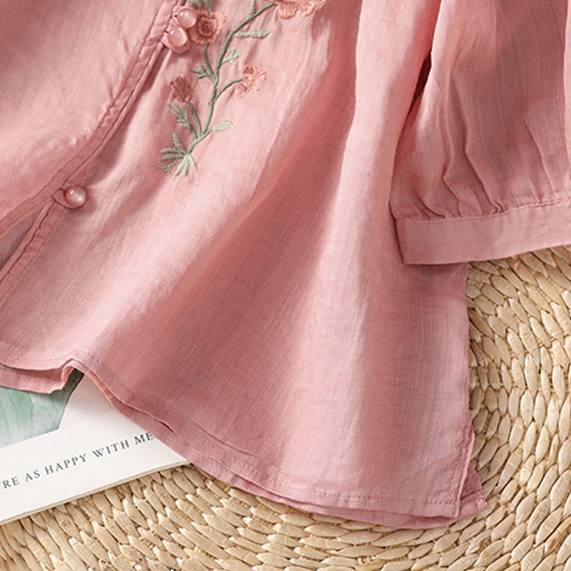 Buddha Stones刺繍花コットンレディースVネックシャツ - image 15