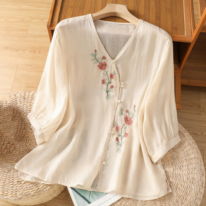 Buddha Stones刺繍花コットンレディースVネックシャツ - パパイヤホイップ - US12、 UK/AU16、 EU44 (2XL) - image 1