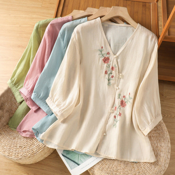 Buddha Stones刺繍花コットンレディースVネックシャツ - image 20