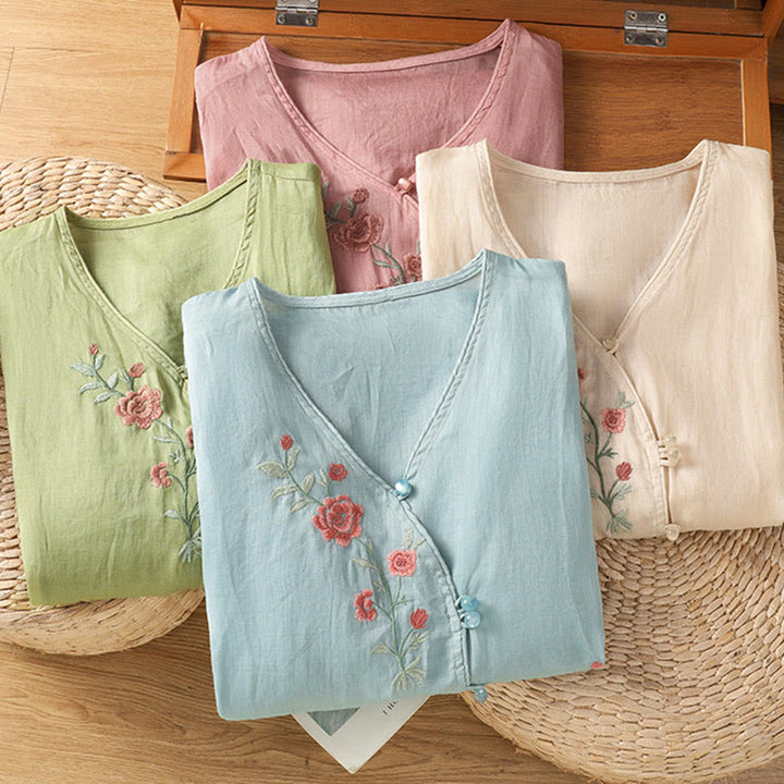 Buddha Stones刺繍花コットンレディースVネックシャツ - image 18