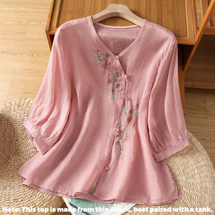 Buddha Stones刺繍花コットンレディースVネックシャツ - image 14