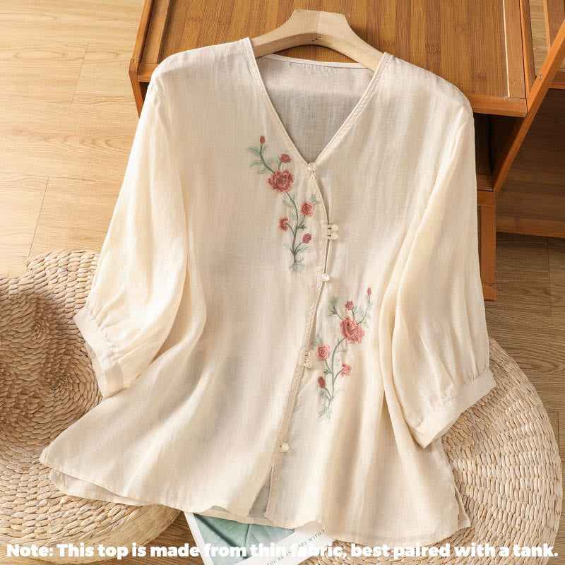Buddha Stones刺繍花コットンレディースVネックシャツ - image 2