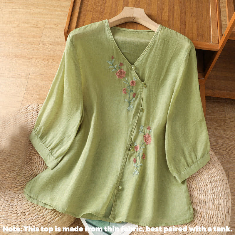 Buddha Stones刺繍花コットンレディースVネックシャツ - image 8