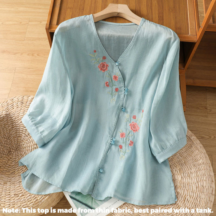 Buddha Stones刺繍花コットンレディースVネックシャツ - image 4