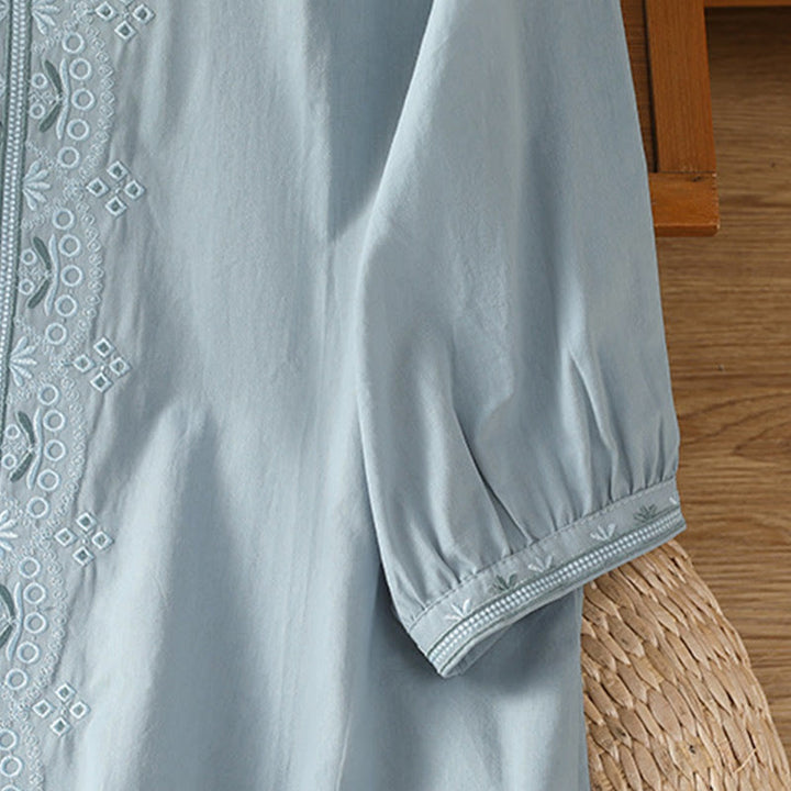 Buddha Stonesの対称刺繍コットンレディースVネックシャツ - image 11