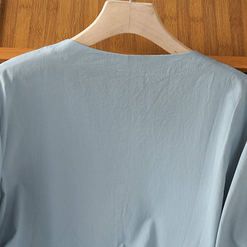 Buddha Stonesの対称刺繍コットンレディースVネックシャツ - image 8