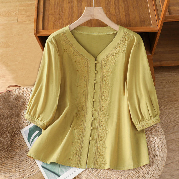 Buddha Stonesの対称刺繍コットンレディースVネックシャツ - カーキ - US12、 UK/AU16、 EU44 (2XL) - image 14