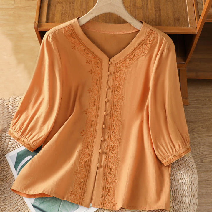Buddha Stonesの対称刺繍コットンレディースVネックシャツ - サンディブラウン - US12、 UK/AU16、 EU44 (2XL) - image 20