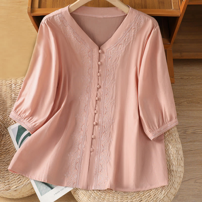 Buddha Stonesの対称刺繍コットンレディースVネックシャツ - ピンク - US12、 UK/AU16、 EU44 (2XL) - image 27