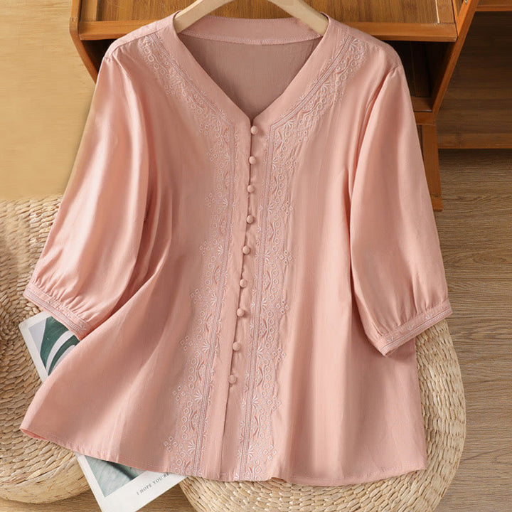 Buddha Stonesの対称刺繍コットンレディースVネックシャツ - ピンク - US12、 UK/AU16、 EU44 (2XL) - image 27
