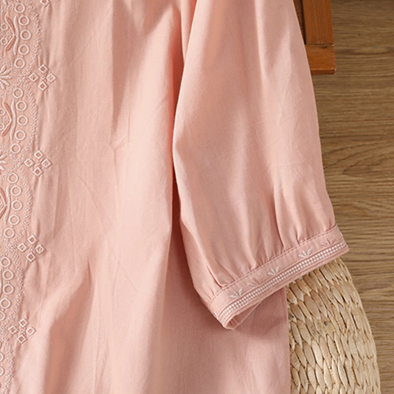 Buddha Stonesの対称刺繍コットンレディースVネックシャツ - image 29