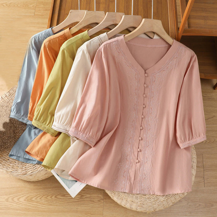 Buddha Stonesの対称刺繍コットンレディースVネックシャツ - image 33