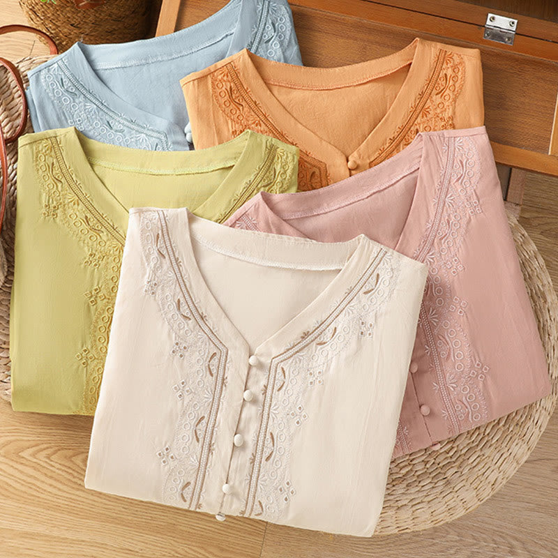 Buddha Stonesの対称刺繍コットンレディースVネックシャツ - image 34