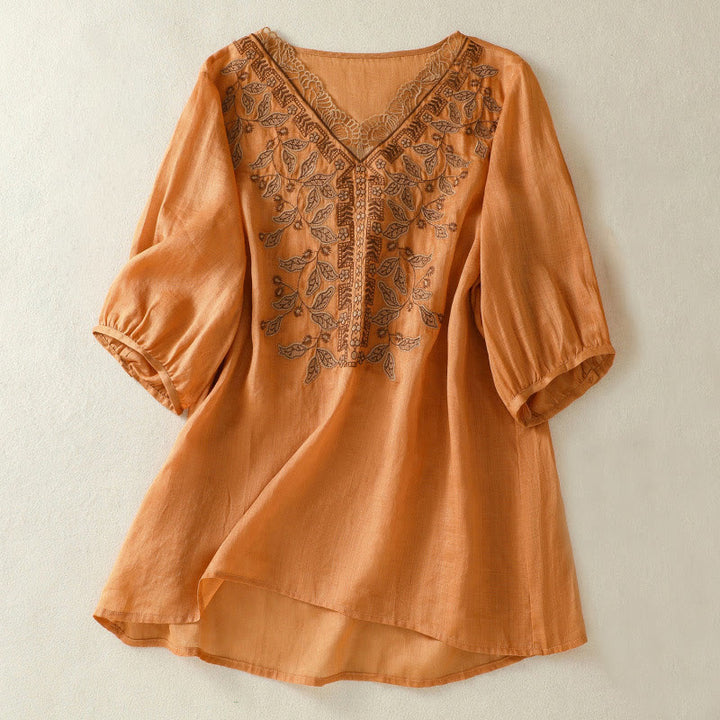 Buddha Stones刺繍レースカジュアルレディースコットンリネン半袖Tシャツ - チョコレート - US8-10，UK/AU12-14，EU40-42 (2XL) - image 1