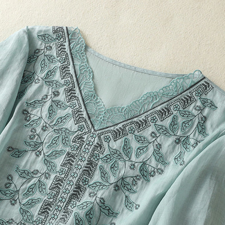 Buddha Stones刺繍レースカジュアルレディースコットンリネン半袖Tシャツ - image 13
